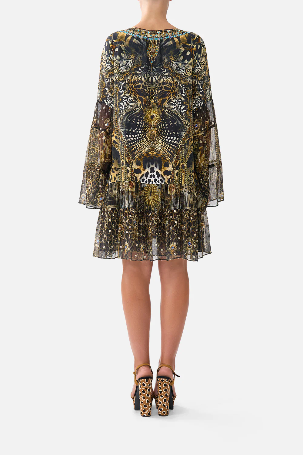 A-LINE GATHERED PANEL DRESS FELINE FOLKLORE