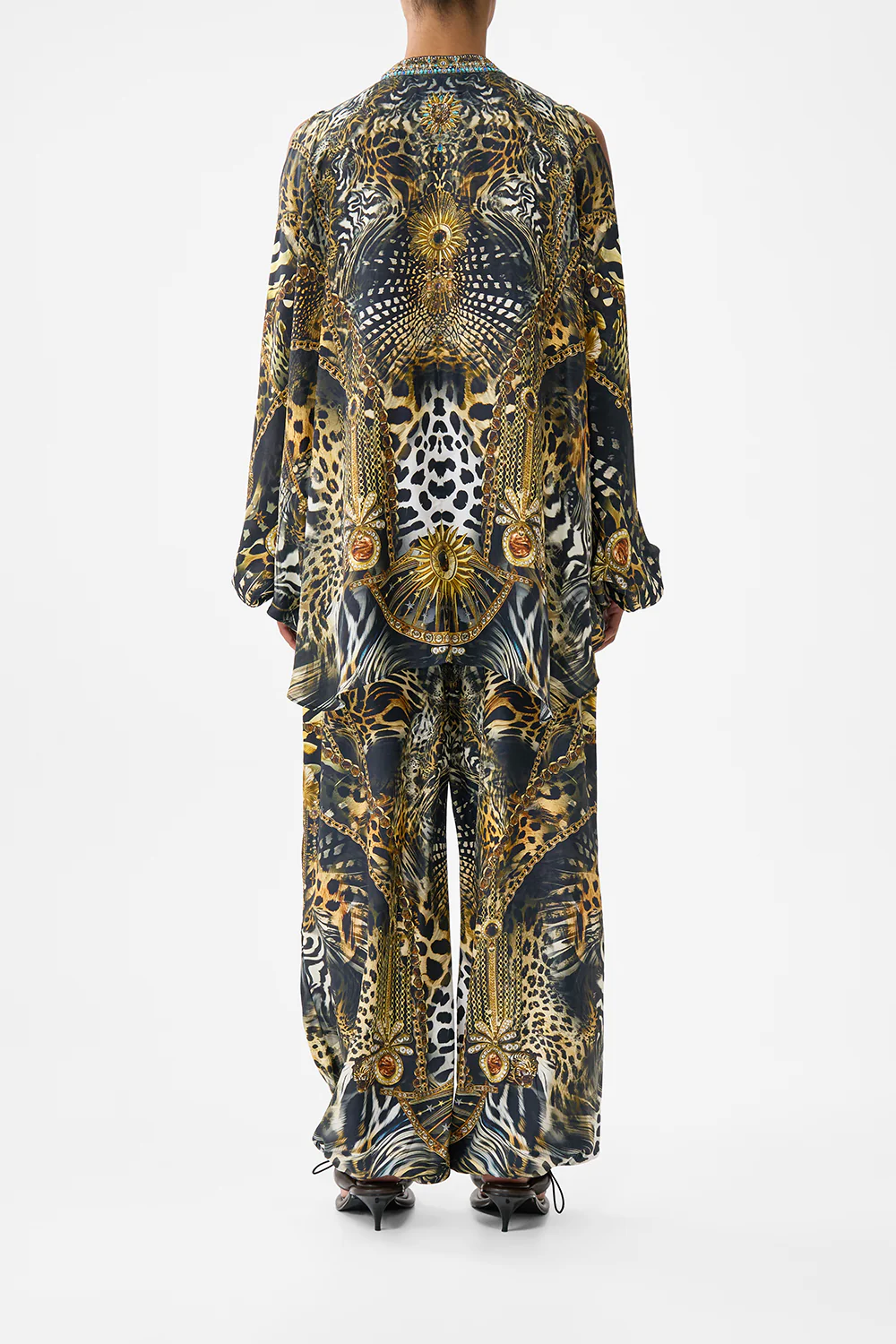 MANDARIN COLLAR COLD SHOULDER BLOUSE FELINE FOLKLORE