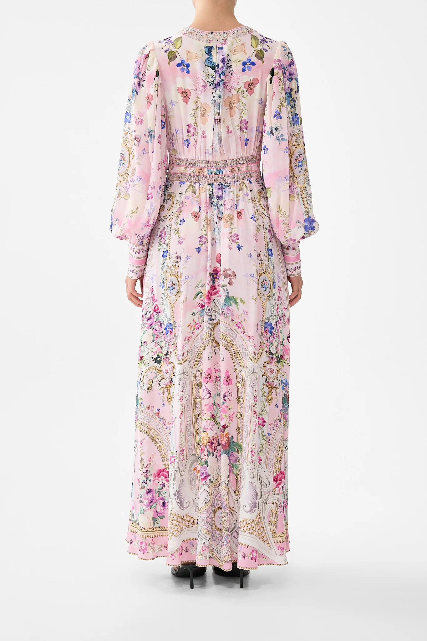 SHAPED WAISTBAND DRESS WITH GATHERED SLEEVES PALATIAL PASTELS