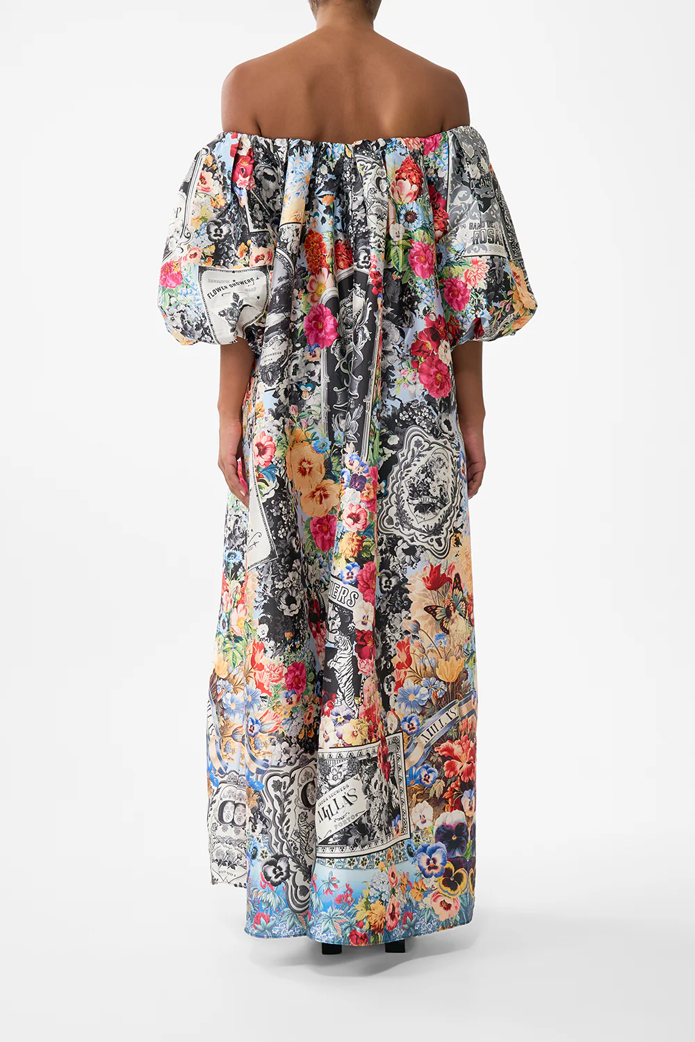 OFF SHOULDER LONG PUFF DRESS FLOWER SHOWERS