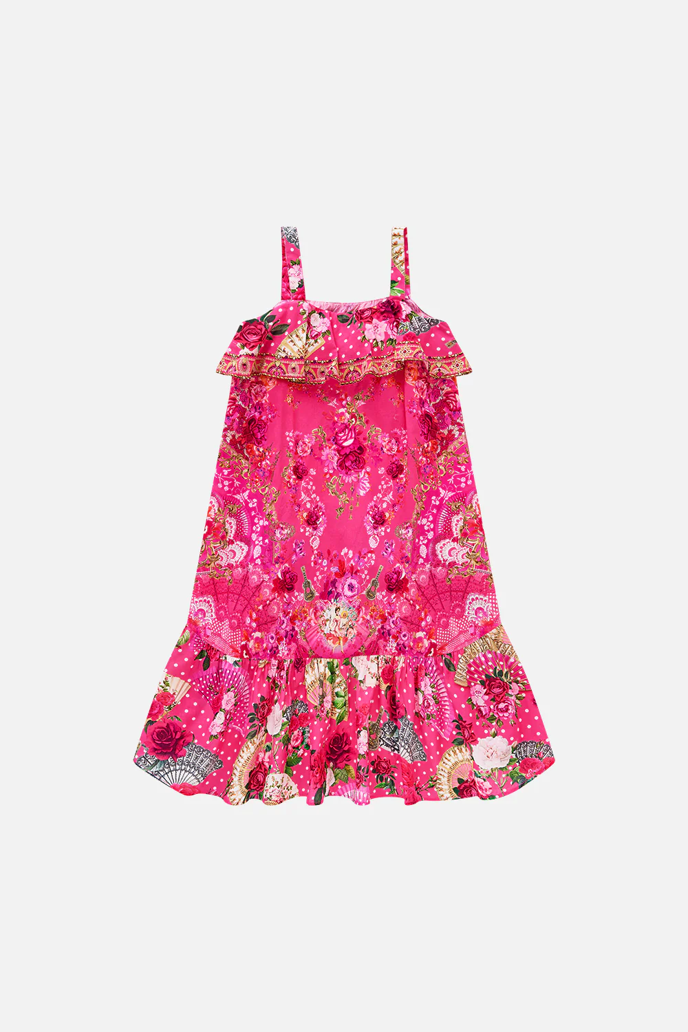 KIDS WIDE STRAP HIGH LOW DRESS WITH FRILLS FLAMENCO ROSE