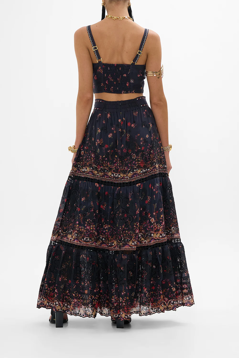 HIGH WAISTED EMBROIDERED TIERED SKIRT LOOM TO TOMB