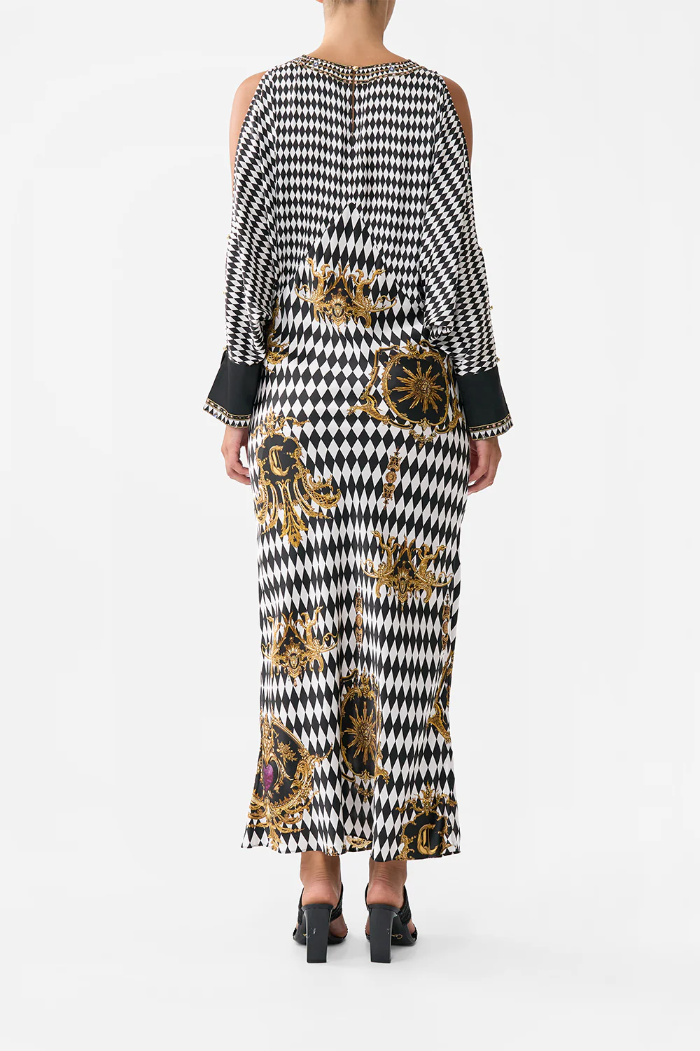 PLUNGE NECK DRAPED SHOULDER DRESS MONARCHY MANIA