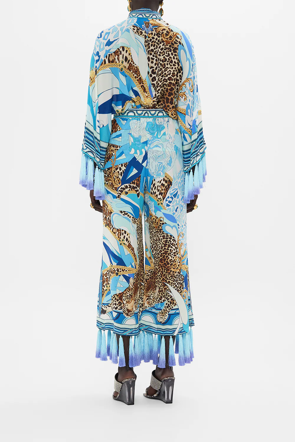 CROPPED LOUNGE PANT WITH OMBRE SILK TASSELS SKY CHEETAH