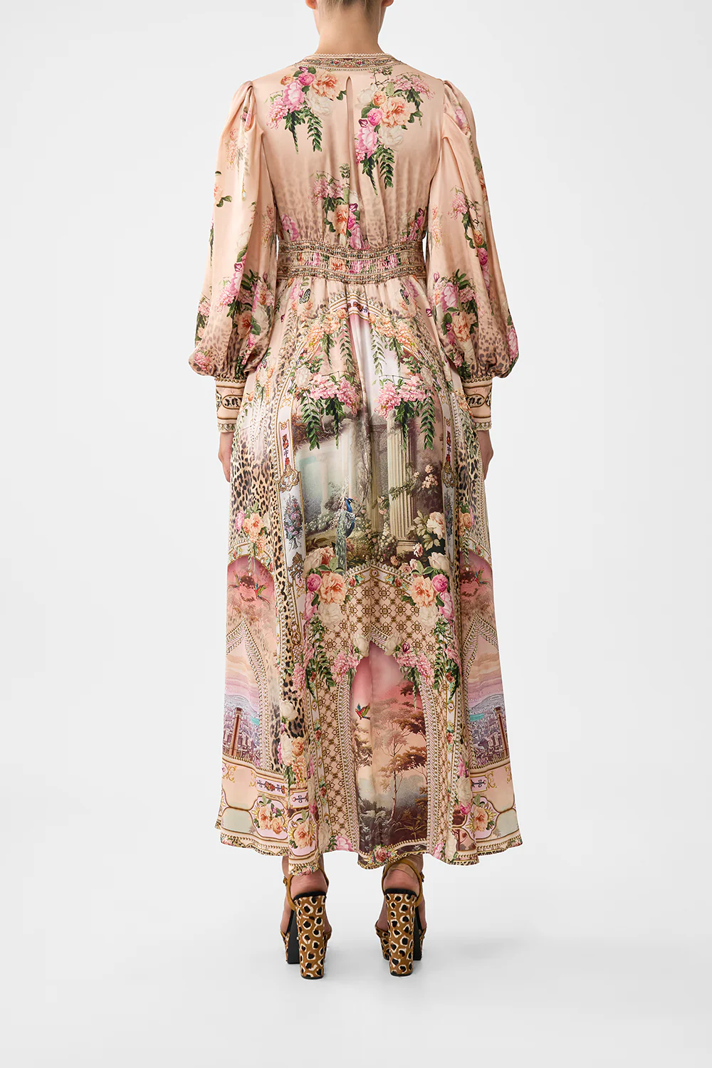 SHAPED WAISTBAND DRESS WITH GATHERED SLEEVES WATERCOLOUR WONDERLAND