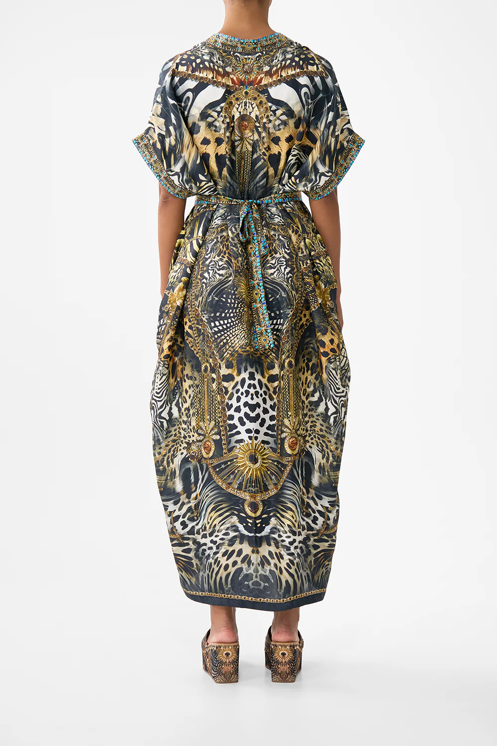 SHORT SLEEVE KAFTAN WITH TIE WAIST FELINE FOLKLORE