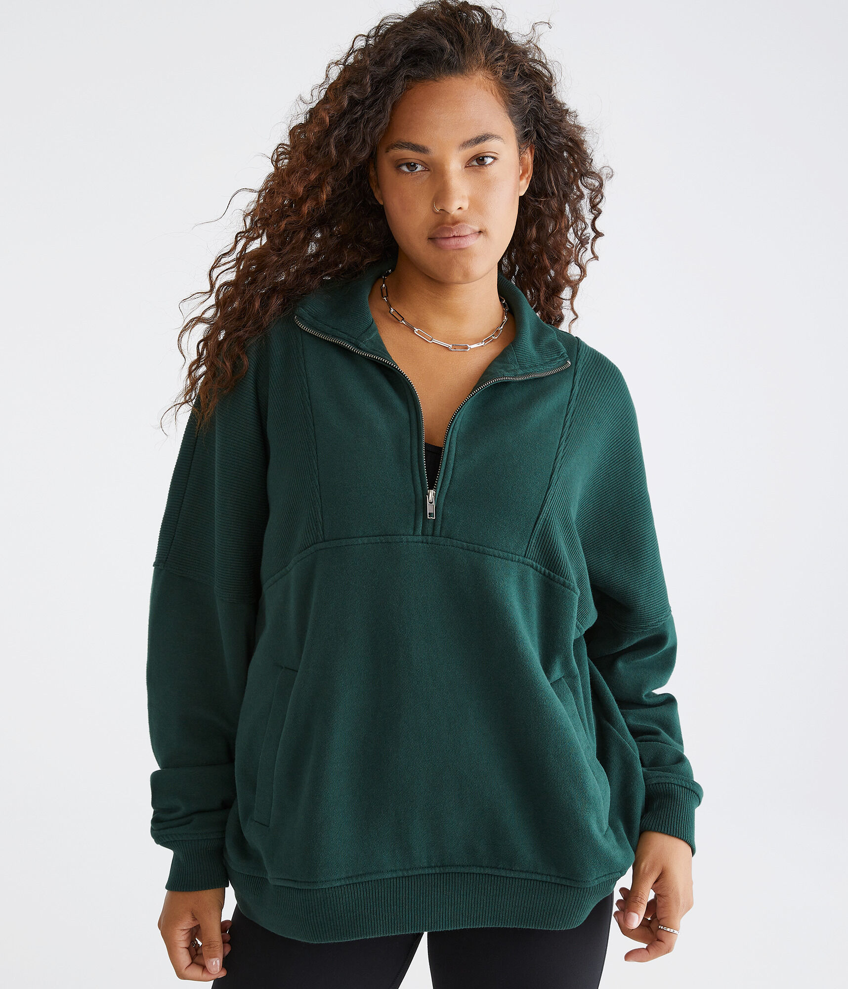 Ribbed Mock-Neck Pullover Sweatshirt
