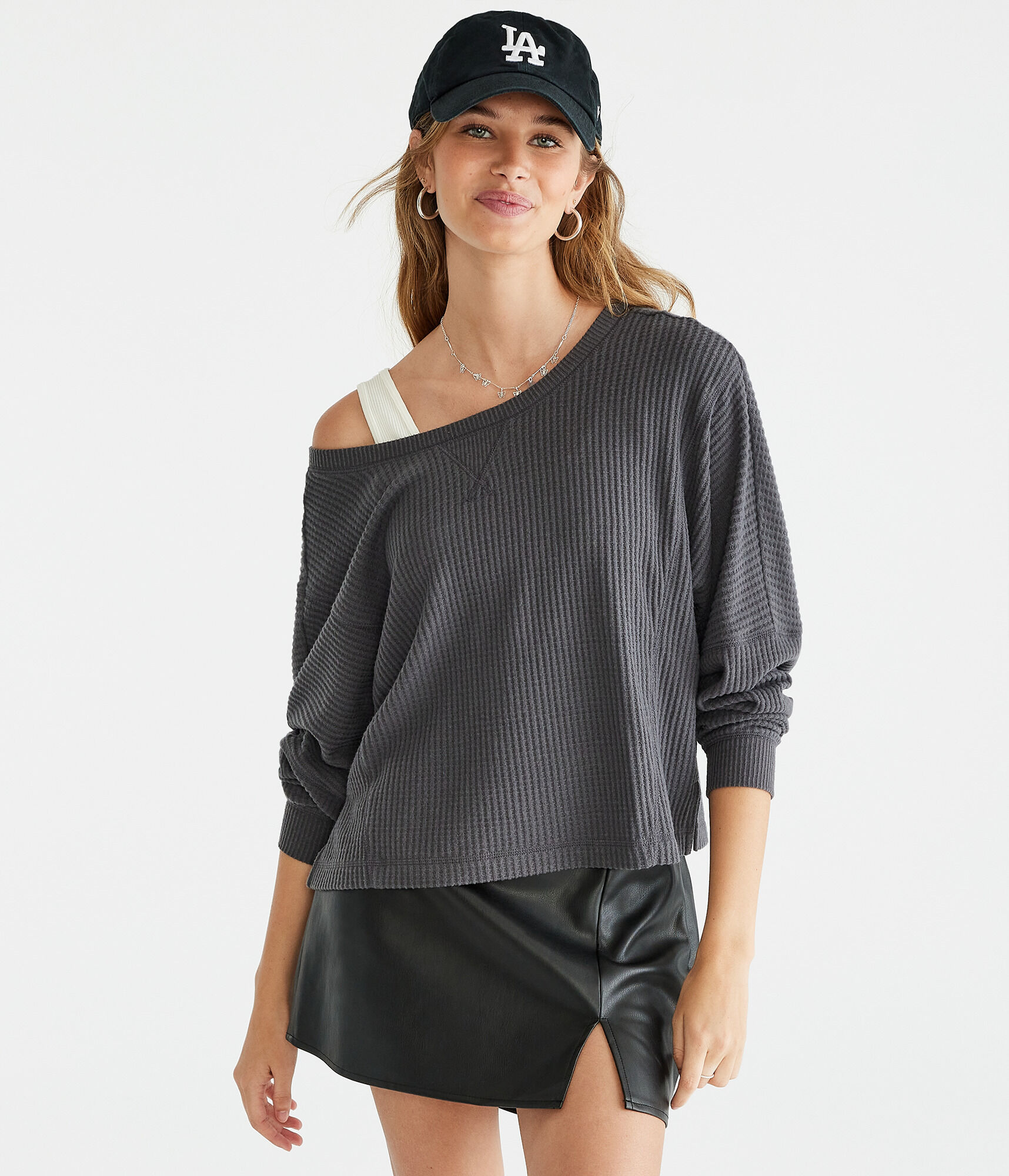 Long Sleeve Wear 2 Ways Cozy Waffle Tee