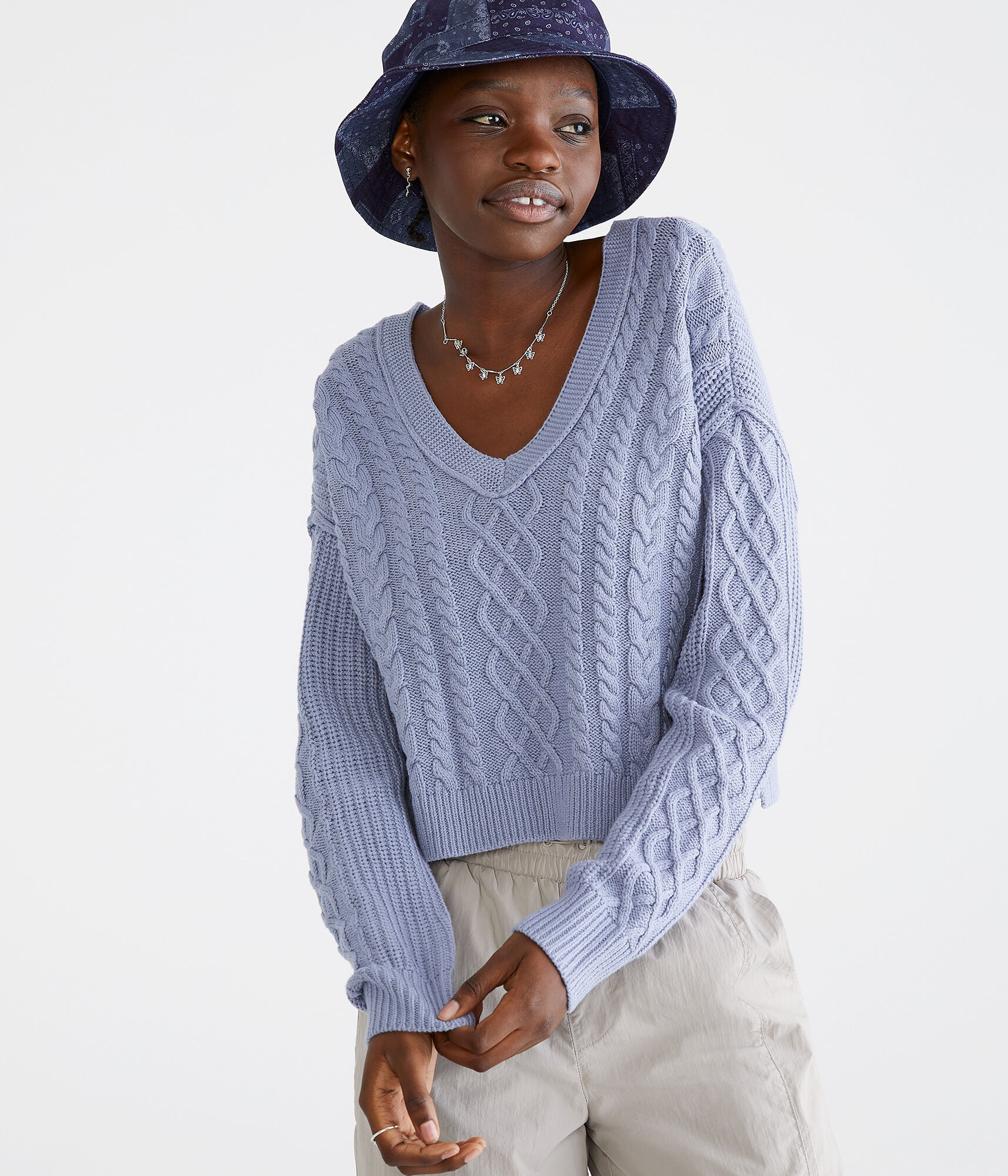 Slouchy Cable-Knit Cropped V-Neck Sweater