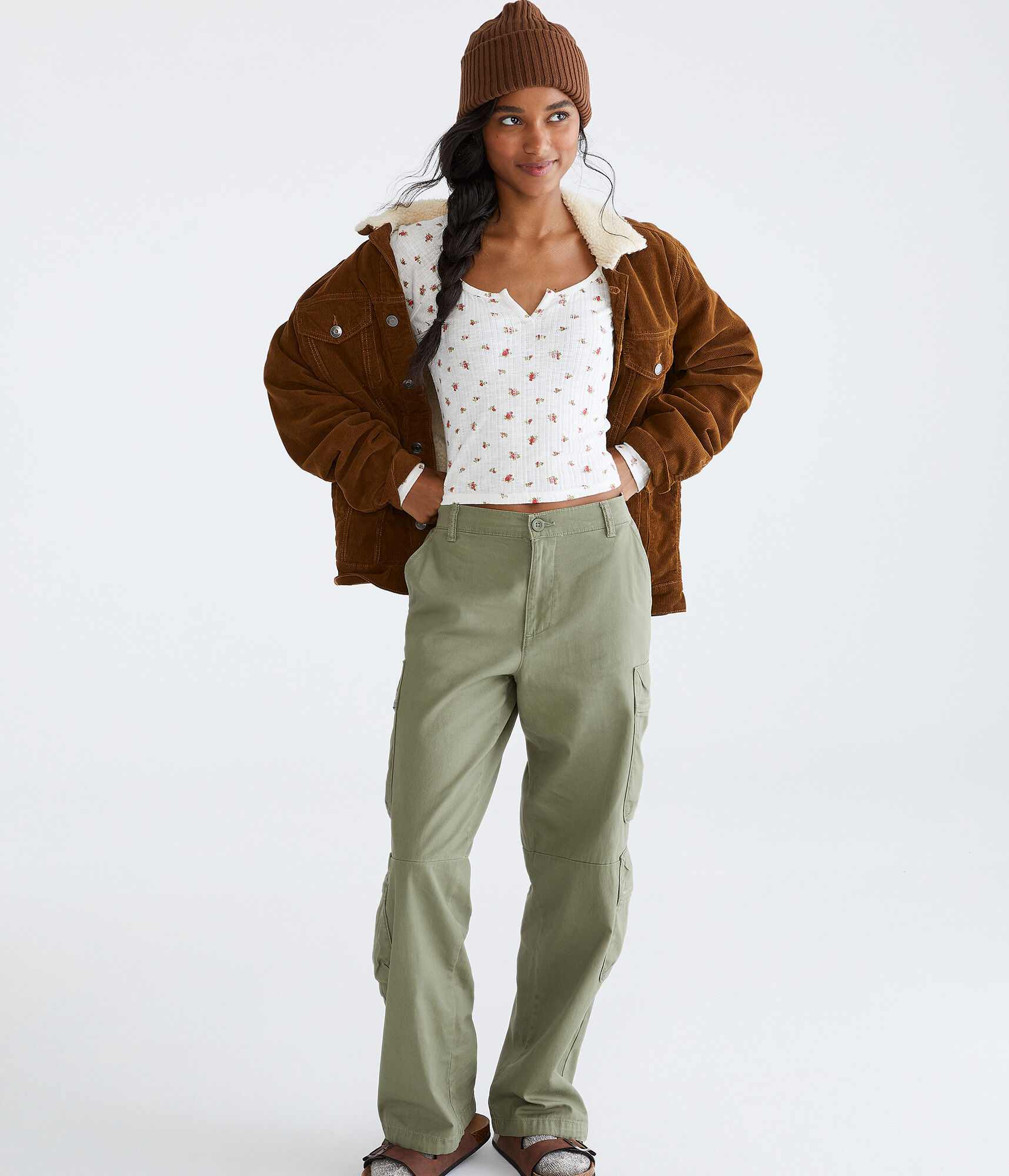 Long Sleeve Seriously Soft Floral Notch-Neck Shrunken Tee