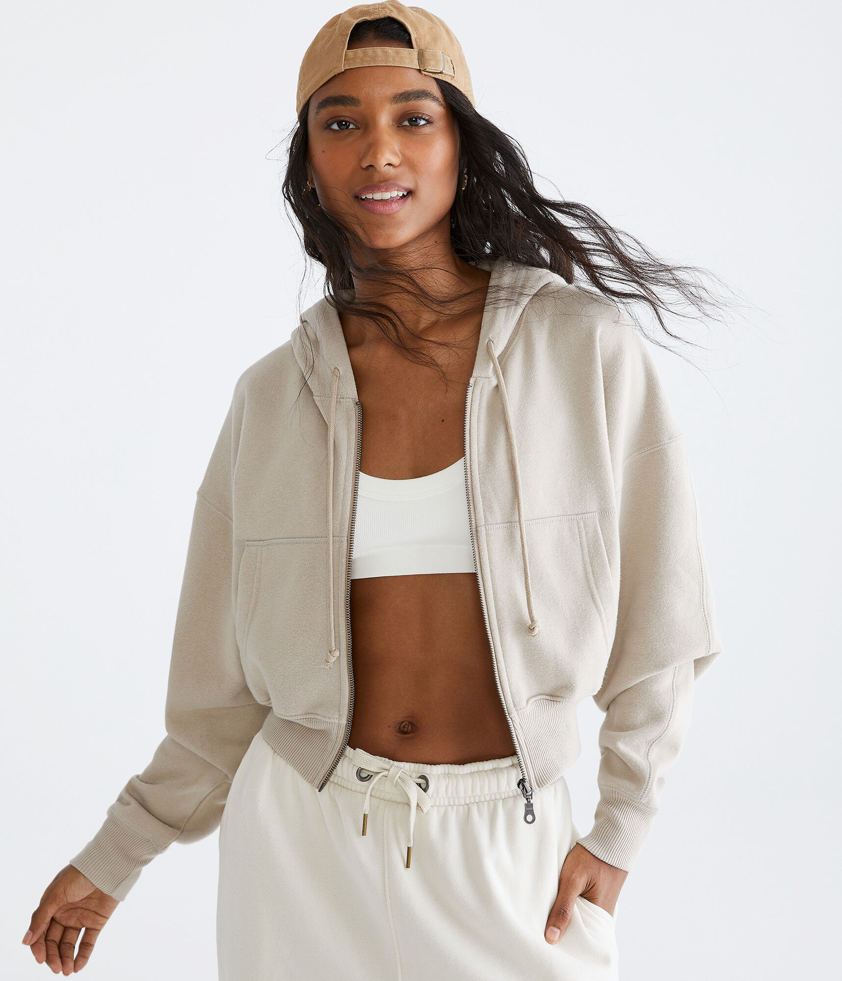 Solid Cropped Full-Zip Hoodie