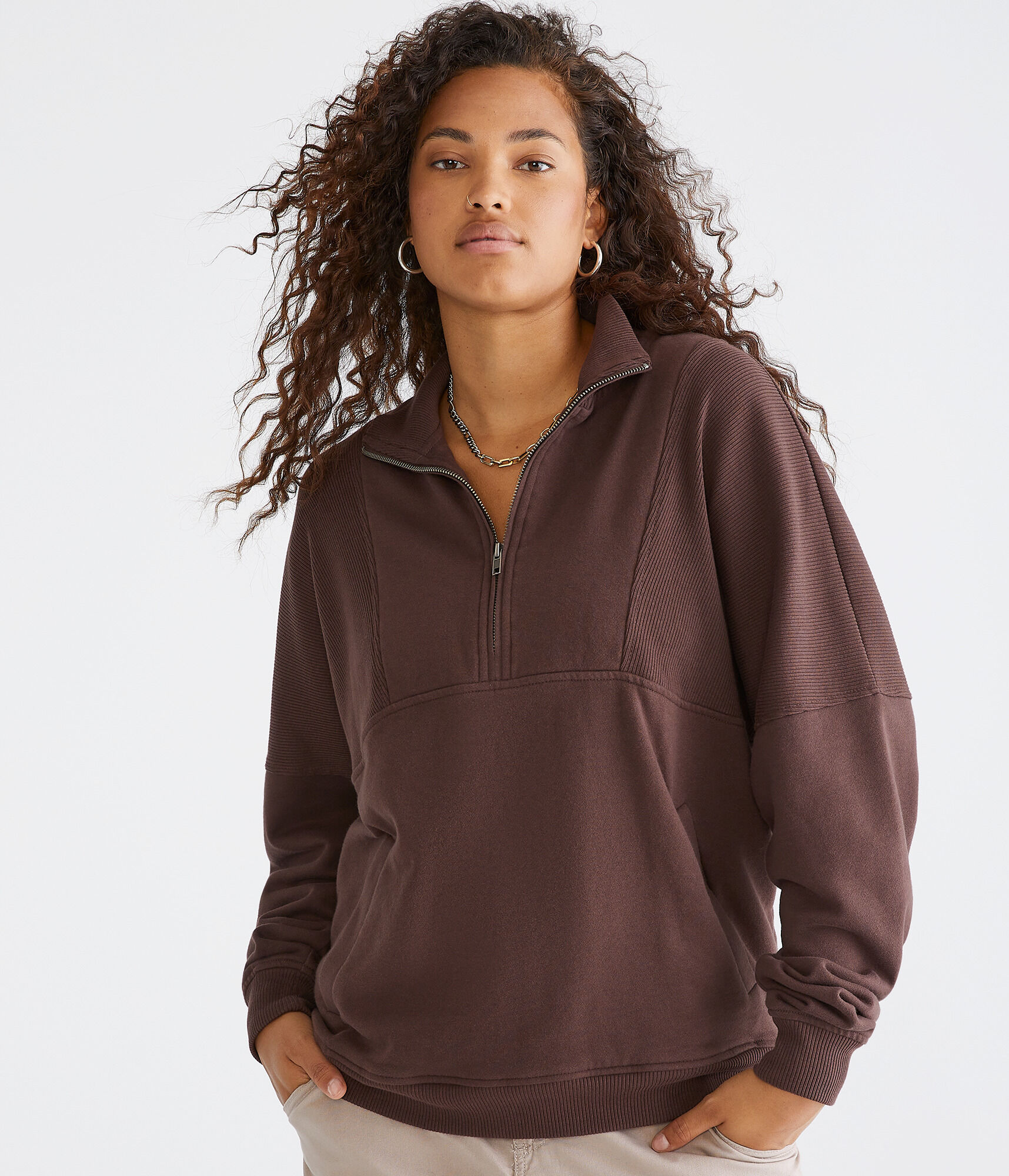 Ribbed Mock-Neck Pullover Sweatshirt