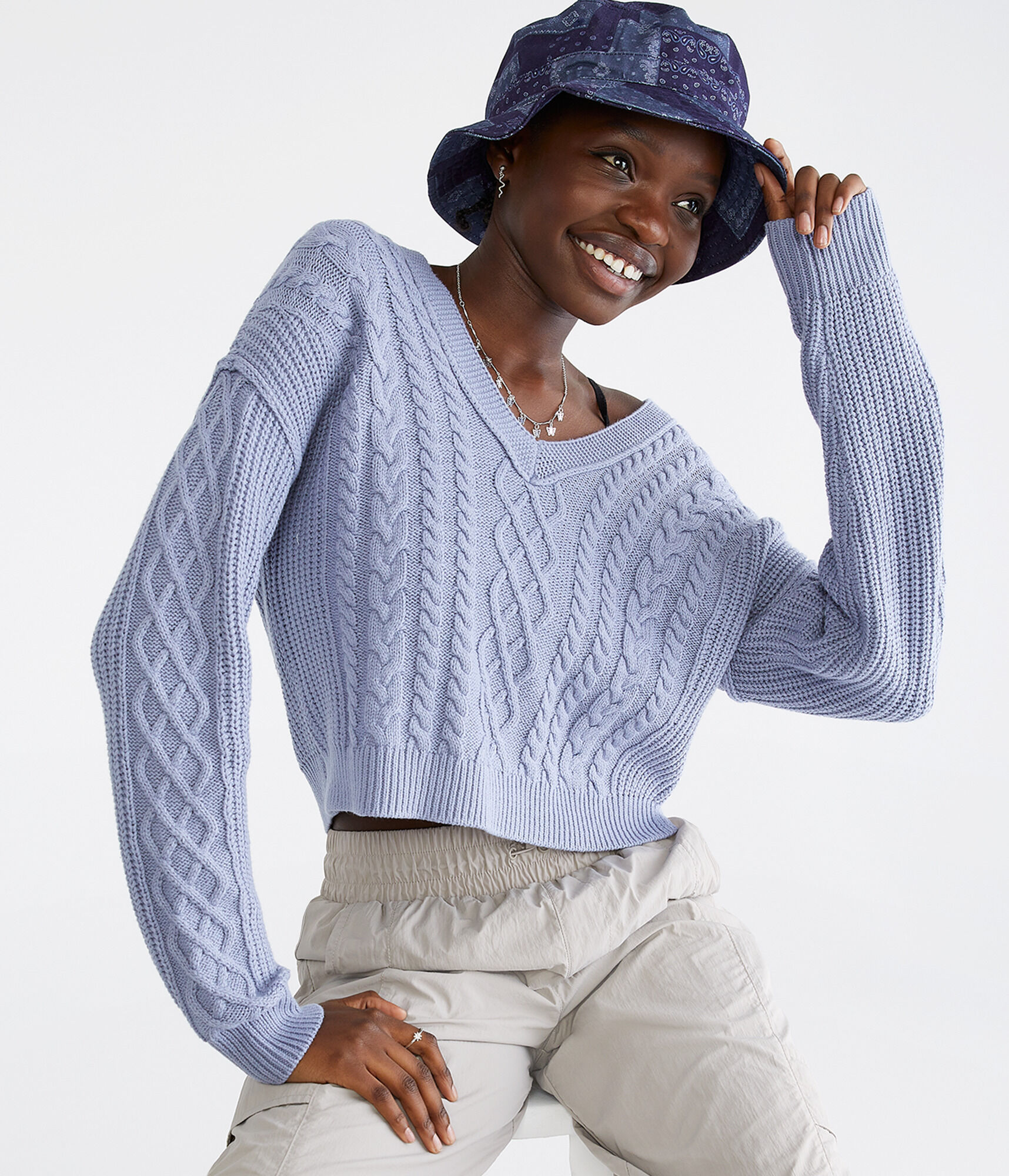 Slouchy Cable-Knit Cropped V-Neck Sweater