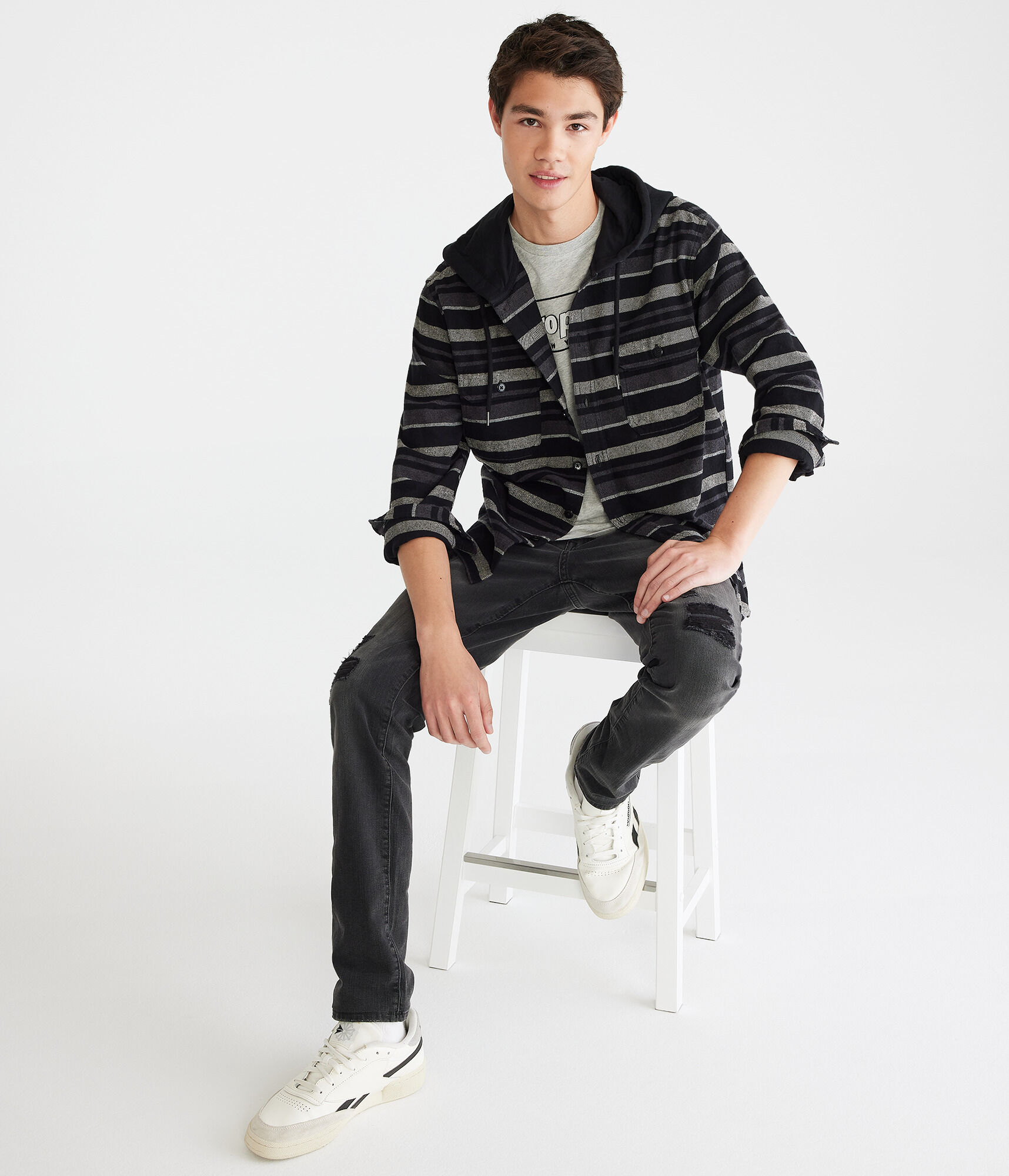 Long Sleeve Striped Hooded Flannel Shirt