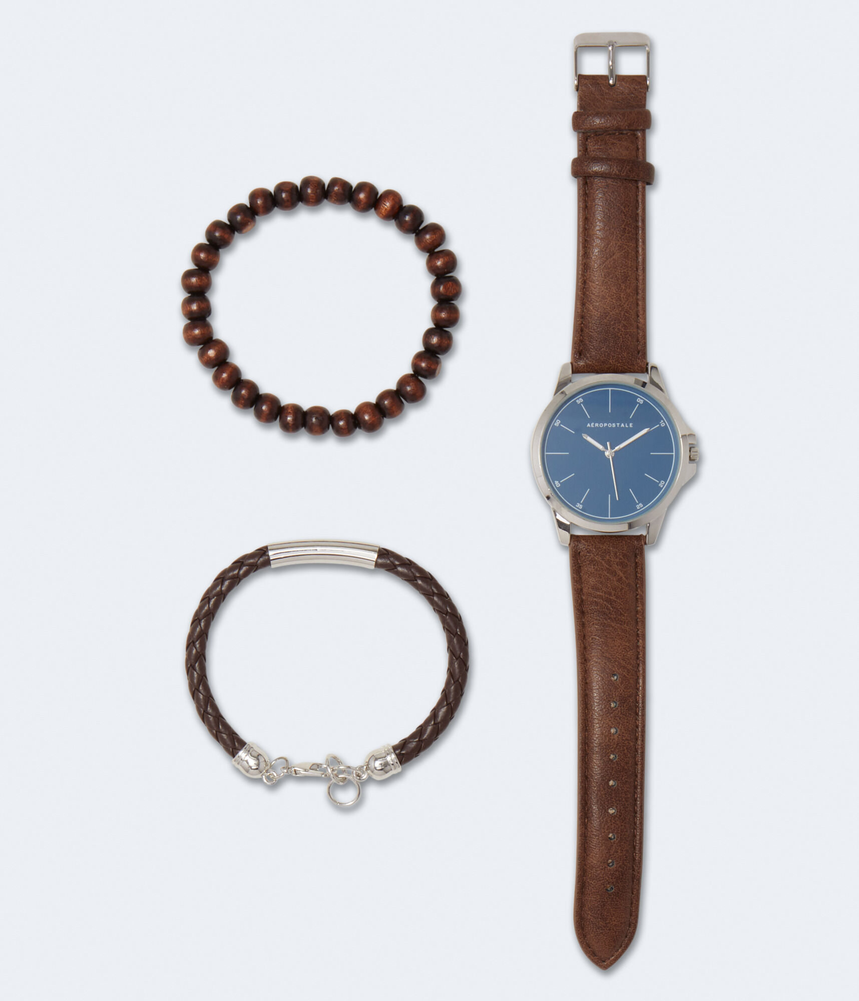 Round Analog Faux Leather Watch & Bracelet Set