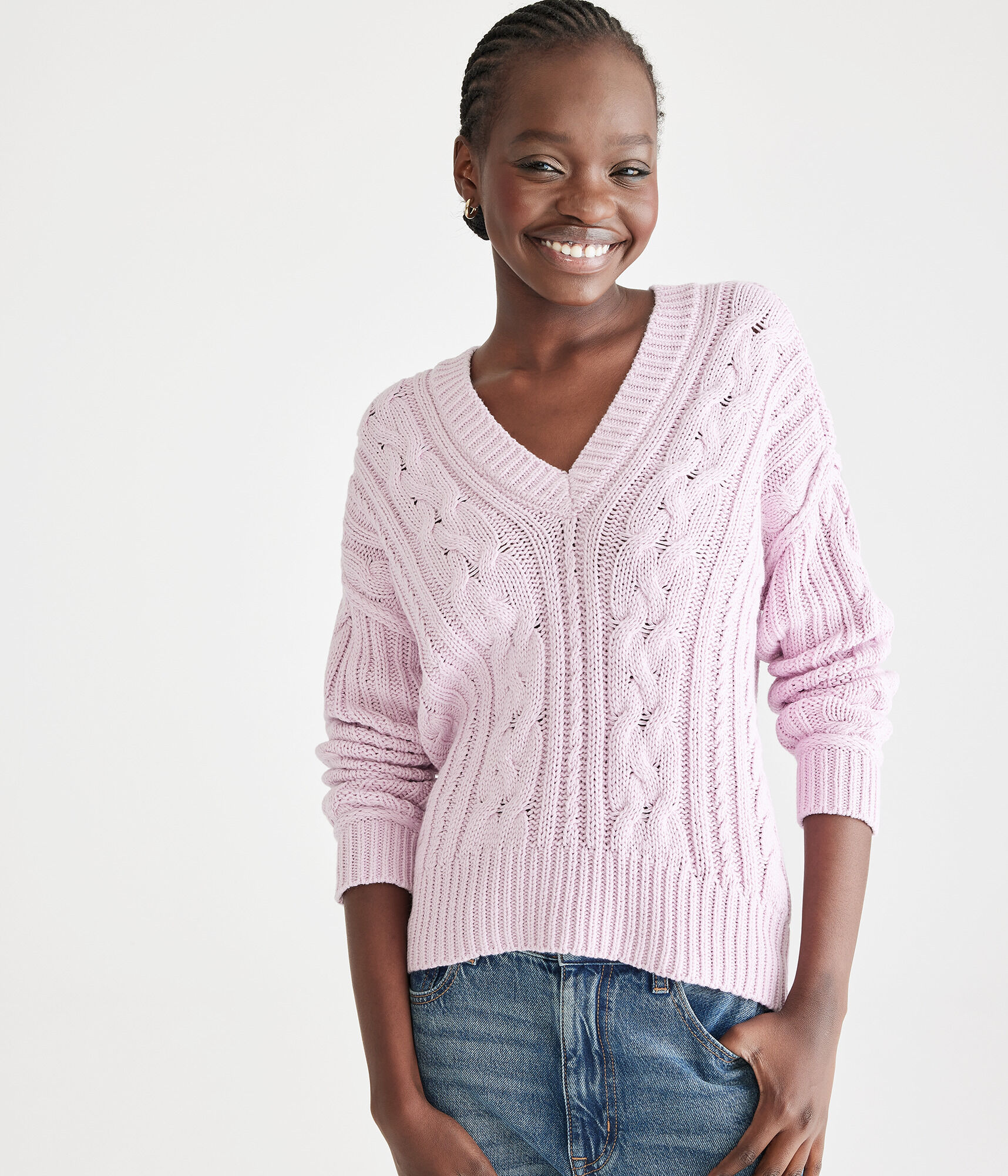 Cable-Knit V-Neck Sweater