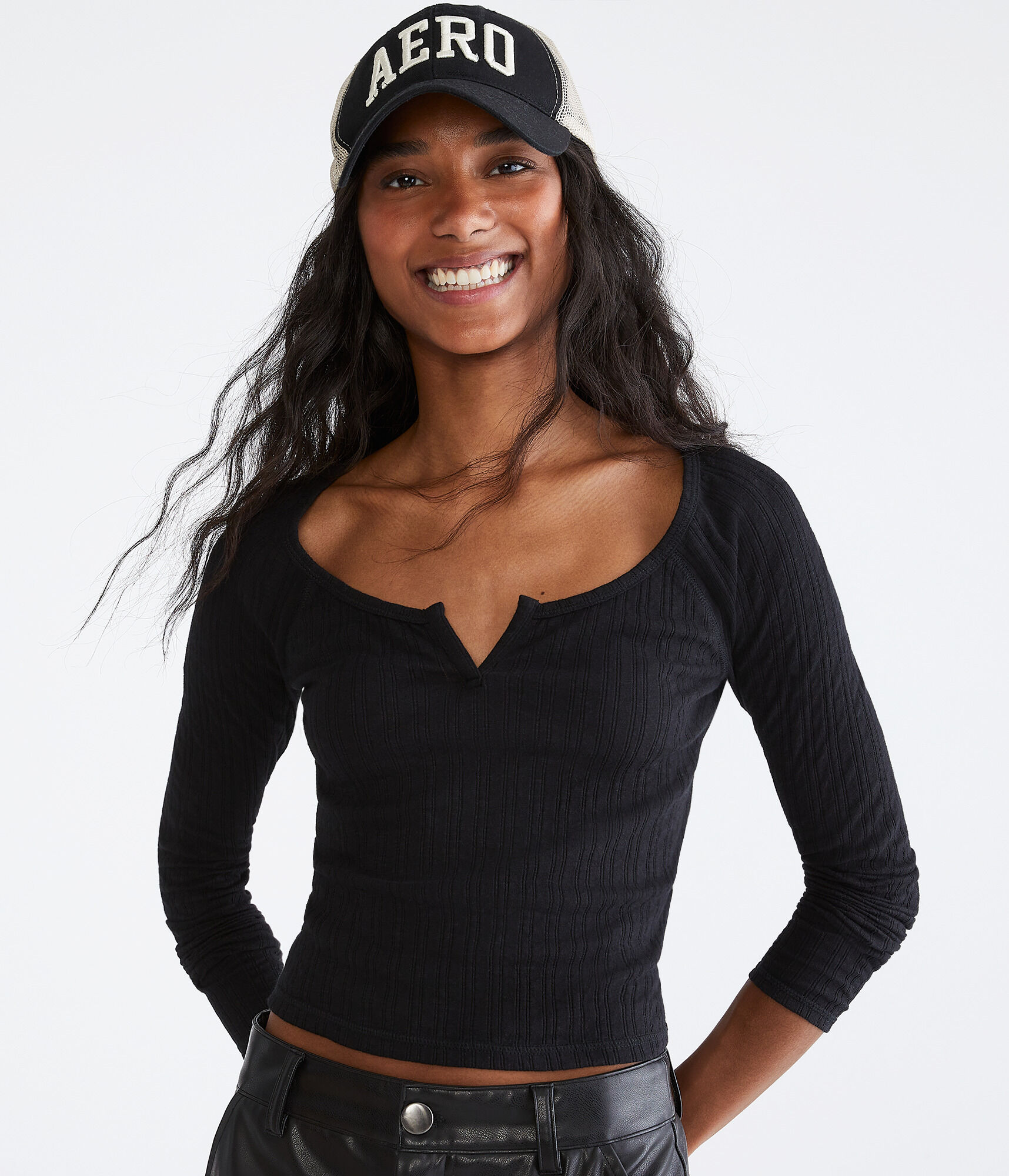 Long Sleeve Seriously Soft Notch-Neck Shrunken Tee