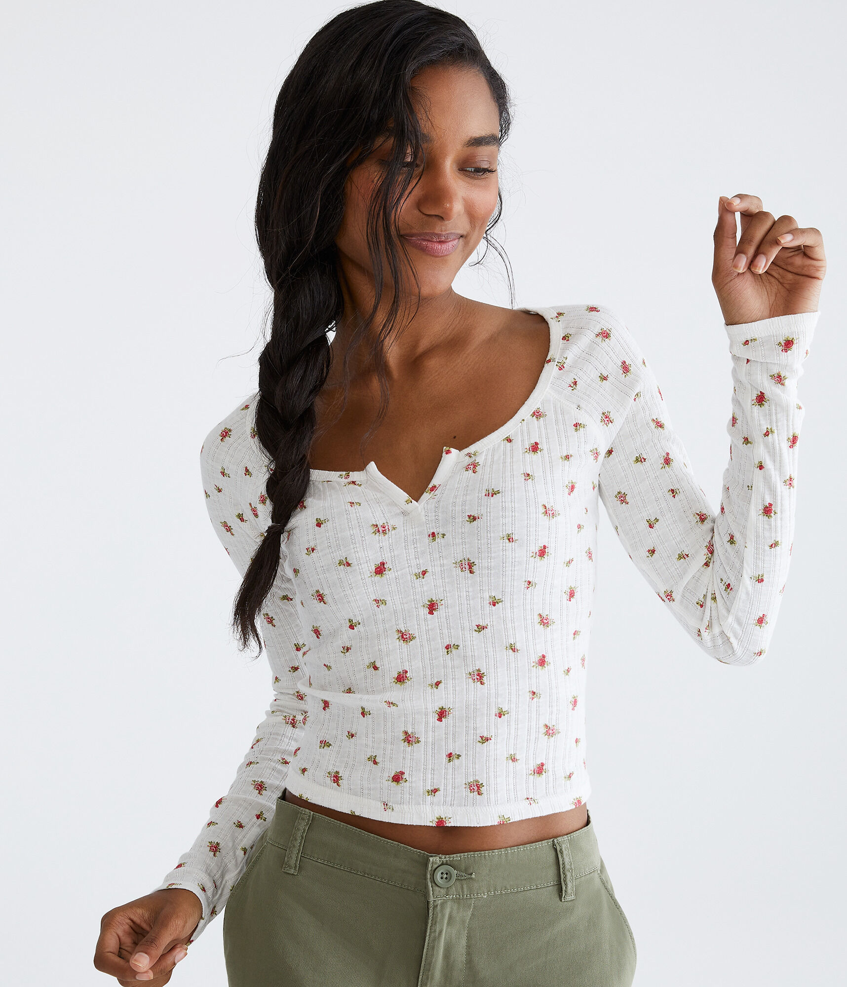 Long Sleeve Seriously Soft Floral Notch-Neck Shrunken Tee