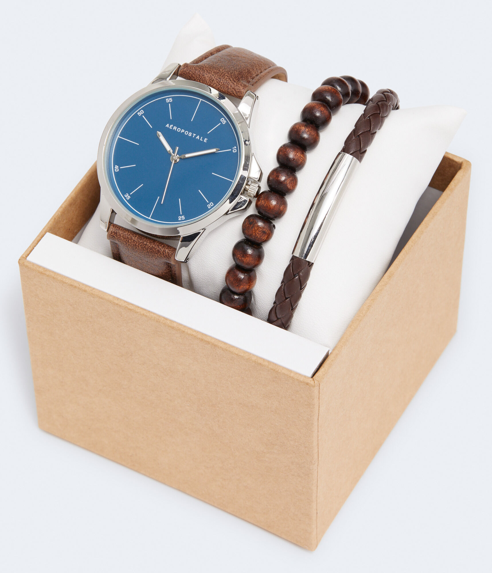 Round Analog Faux Leather Watch & Bracelet Set