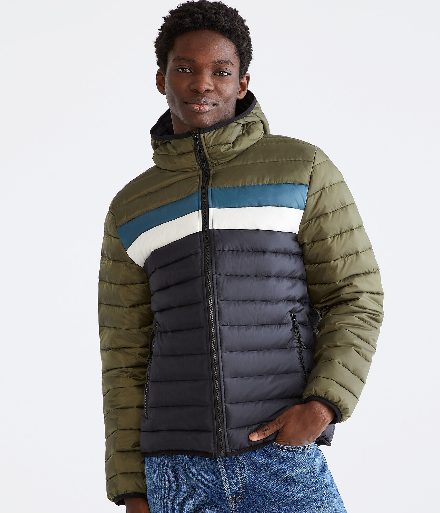 Colorblock Hooded Midweight Puffer Jacket