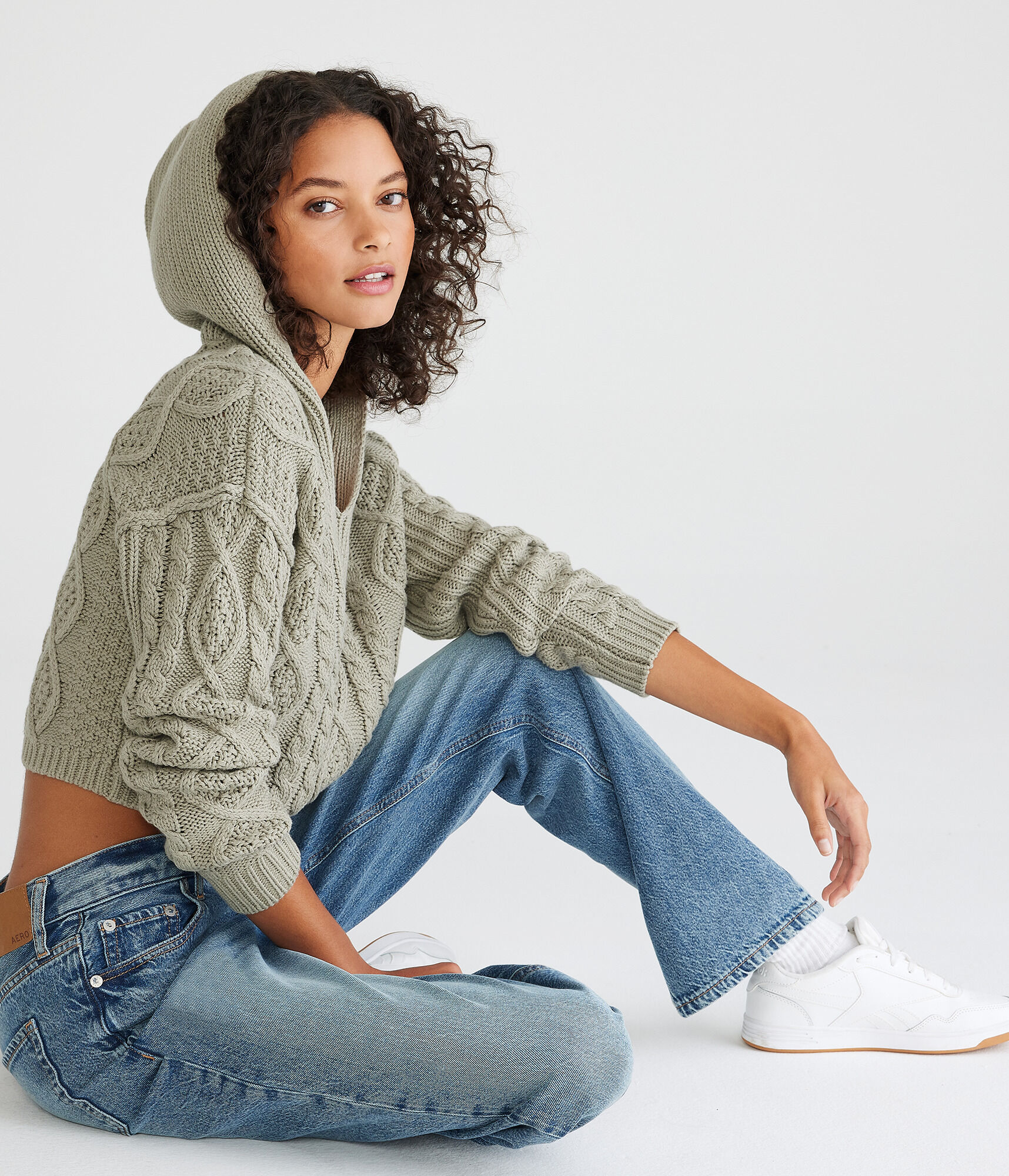 Cropped Cable-Knit Hooded Sweater