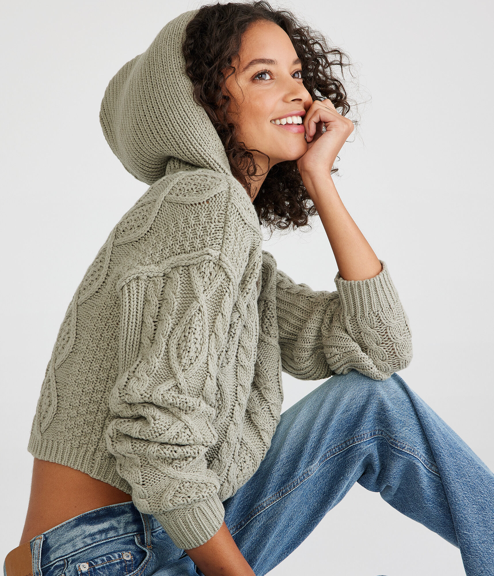 Cropped Cable-Knit Hooded Sweater