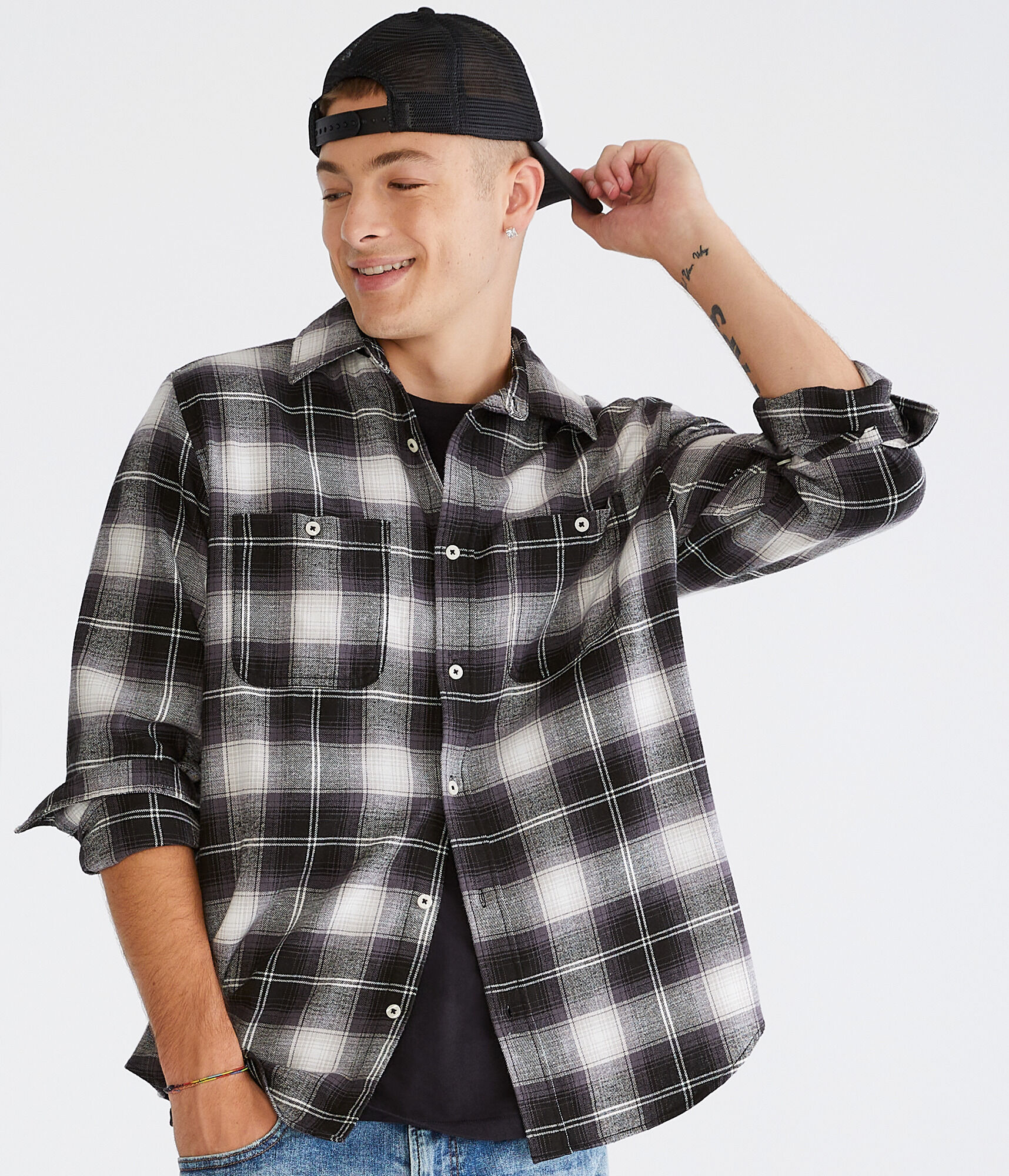 Long Sleeve Relaxed Washed Plaid Flannel Shirt