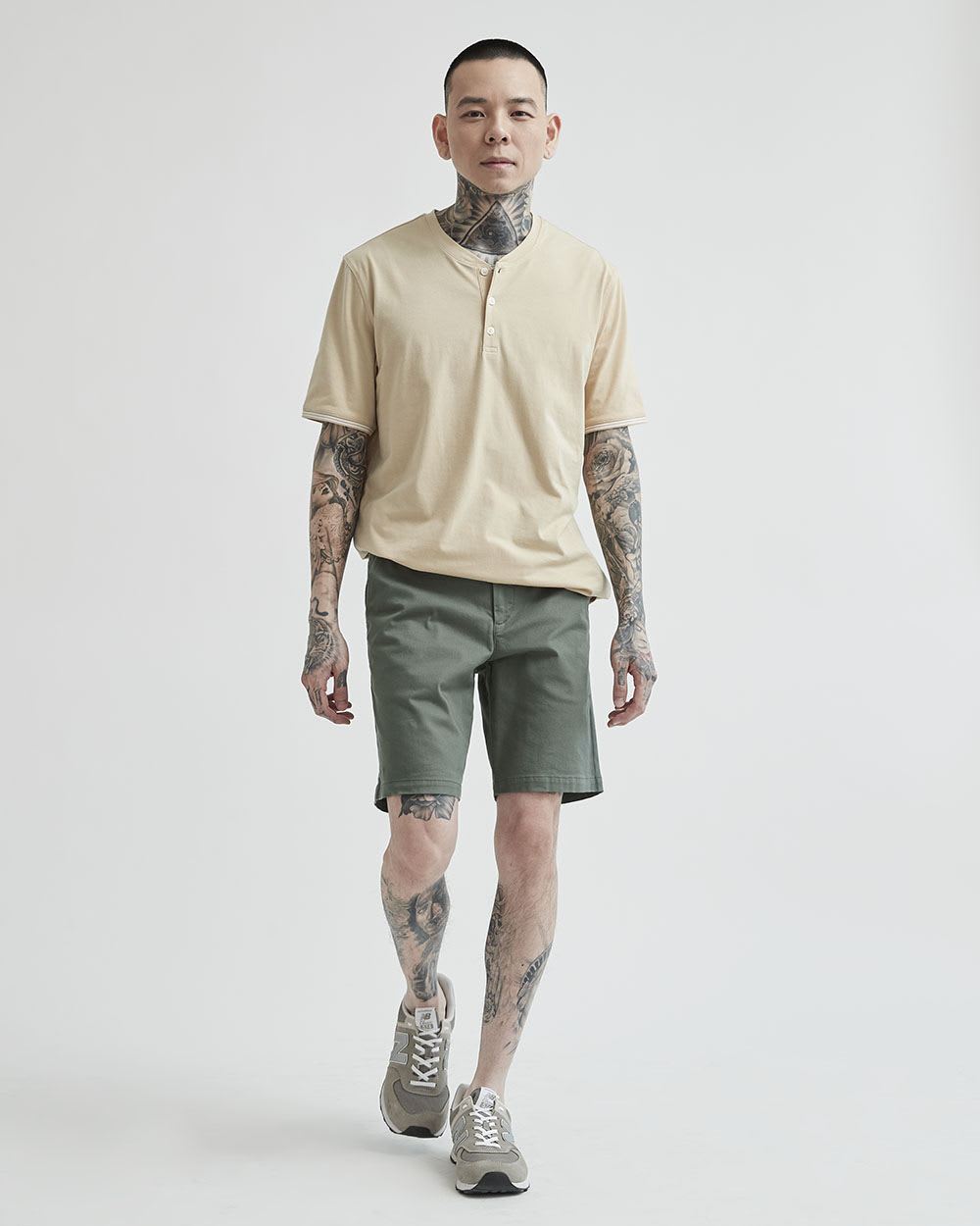 Solid Short-Sleeve Tee with Henley Neckline