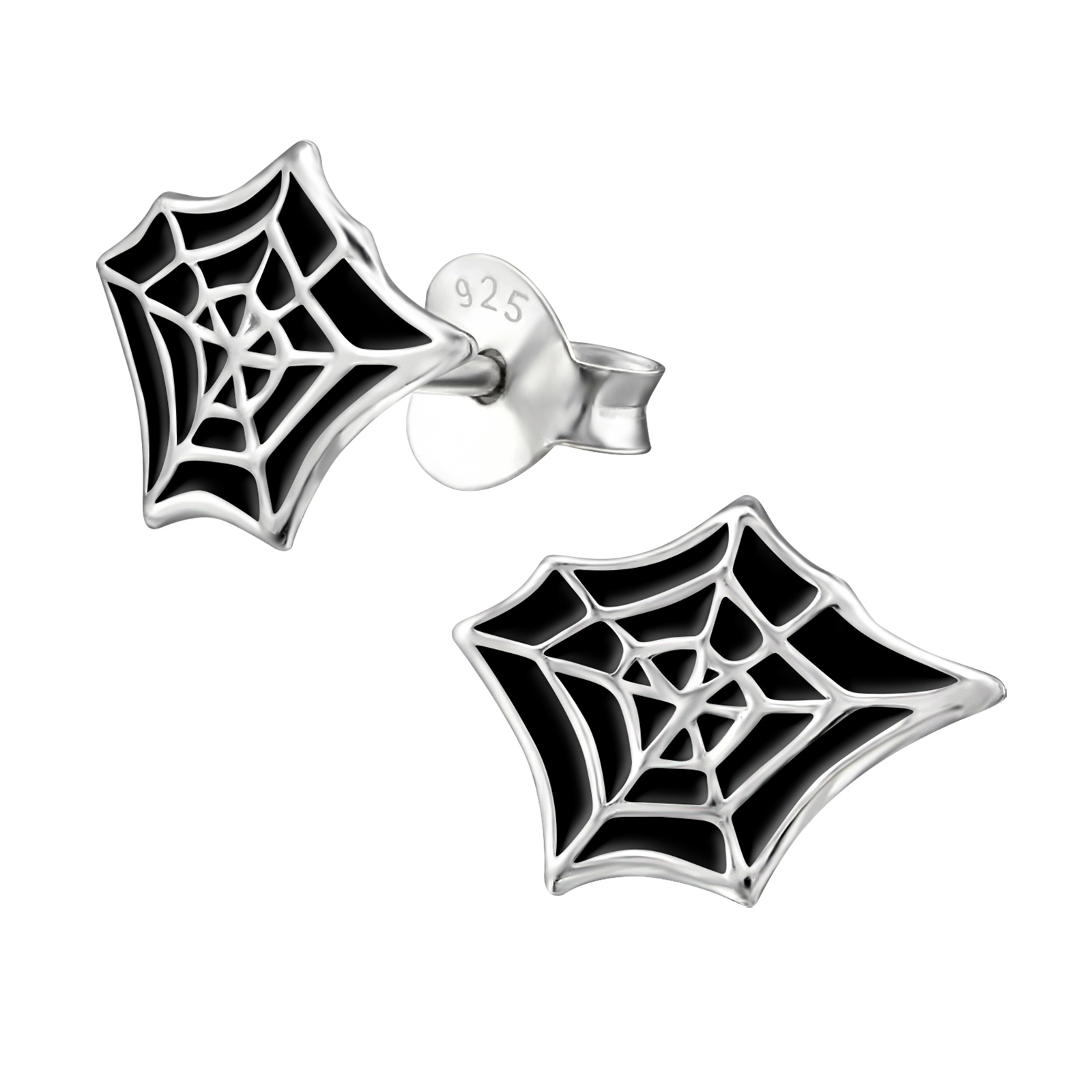 Sterling Silver Black Spiders Web Stud Earrings - Ag Sterling
