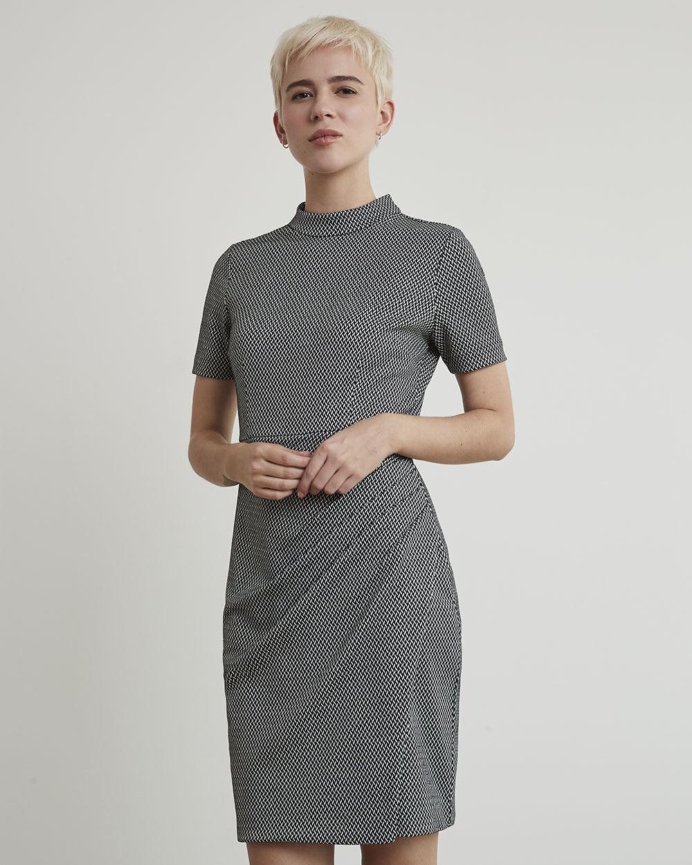 Short-Sleeve Herringbone Dress with Wrap Skirt