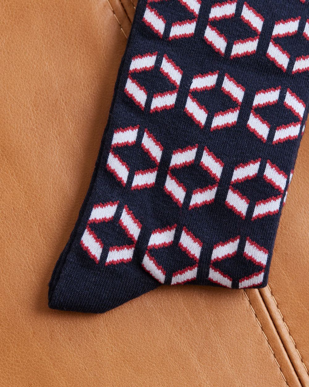Blue Socks with Red and White Geometric Pattern