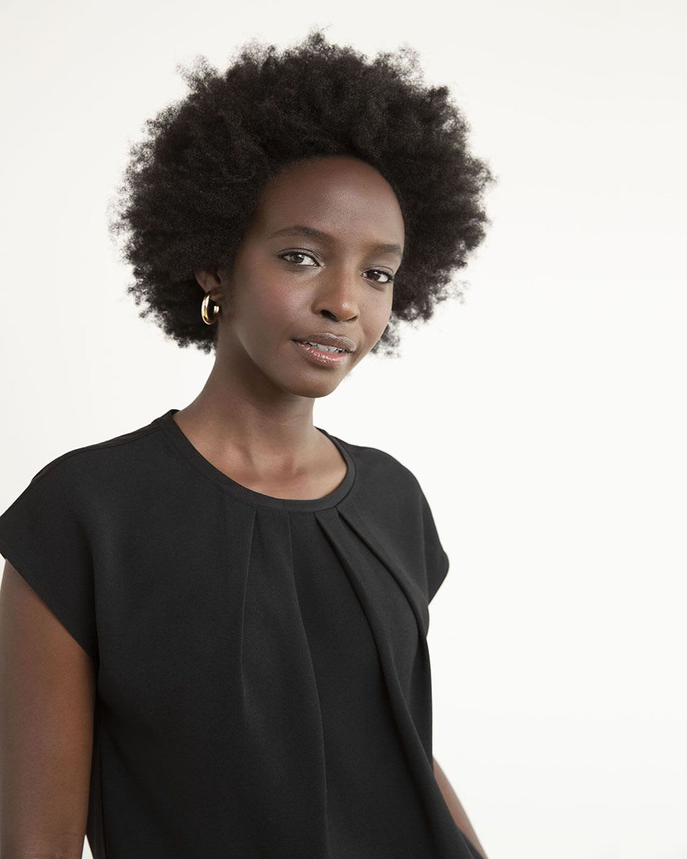 Mix-Media Top with Extended Sleeves and Pleated Crew Neckline