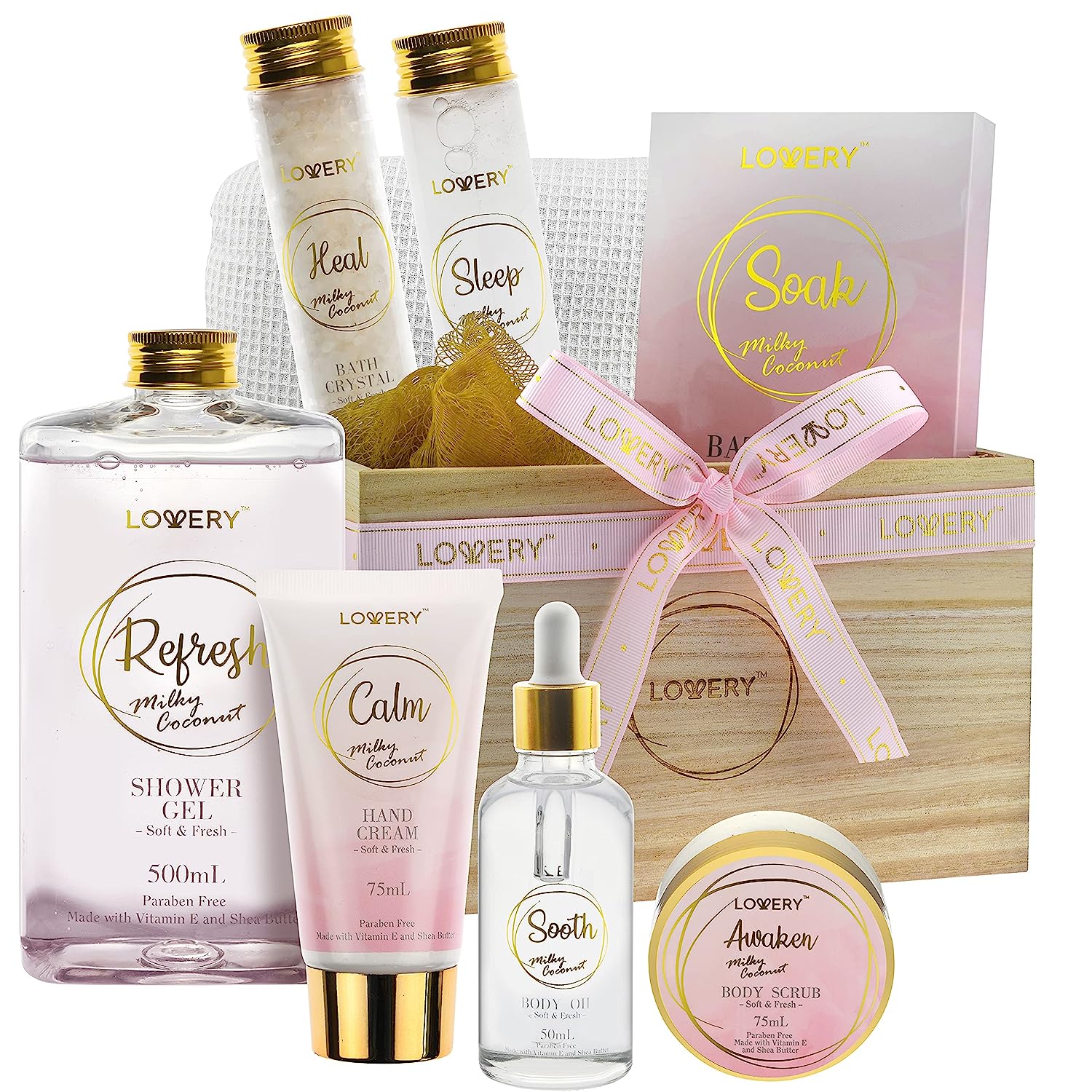Lovery Luxury Home Spa Gift Basket - Milky Coconut Scent - Bath Pillow, Wooden Crate & More