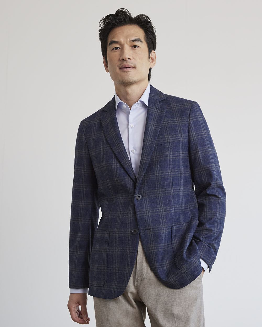 Slim Brushed Navy Plaid Blazer