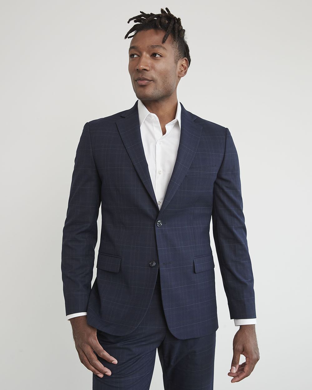 Slim-Fit Navy Checkered Suit Blazer