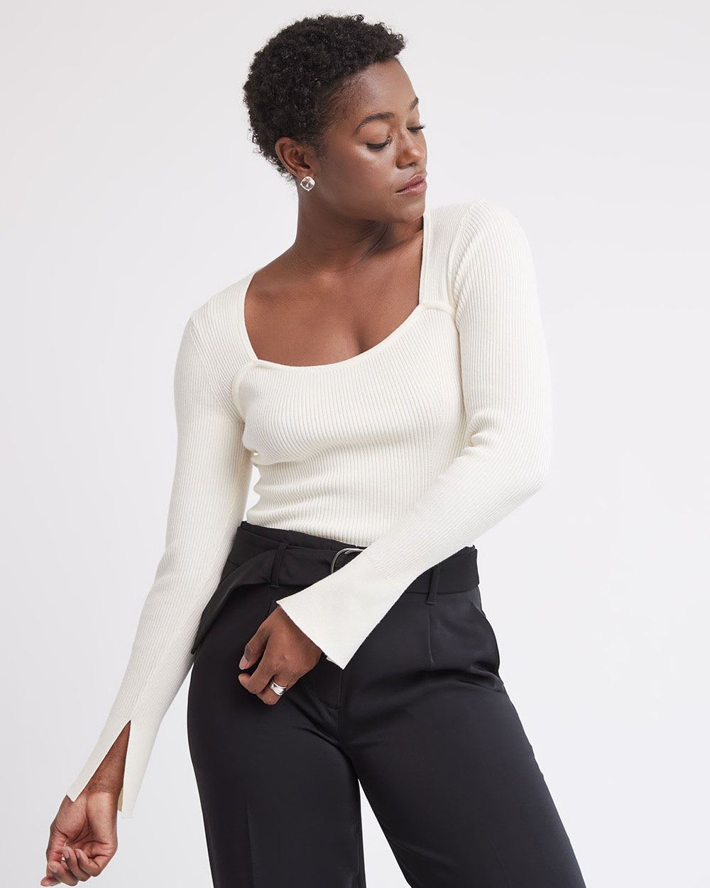 Long-Sleeve Ribbed Bodycon Sweater with Bustier Effect