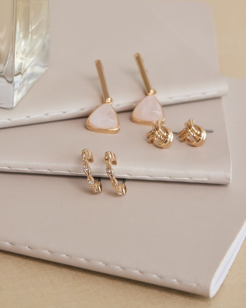 Golden Stud Earrings - 3 Pairs
