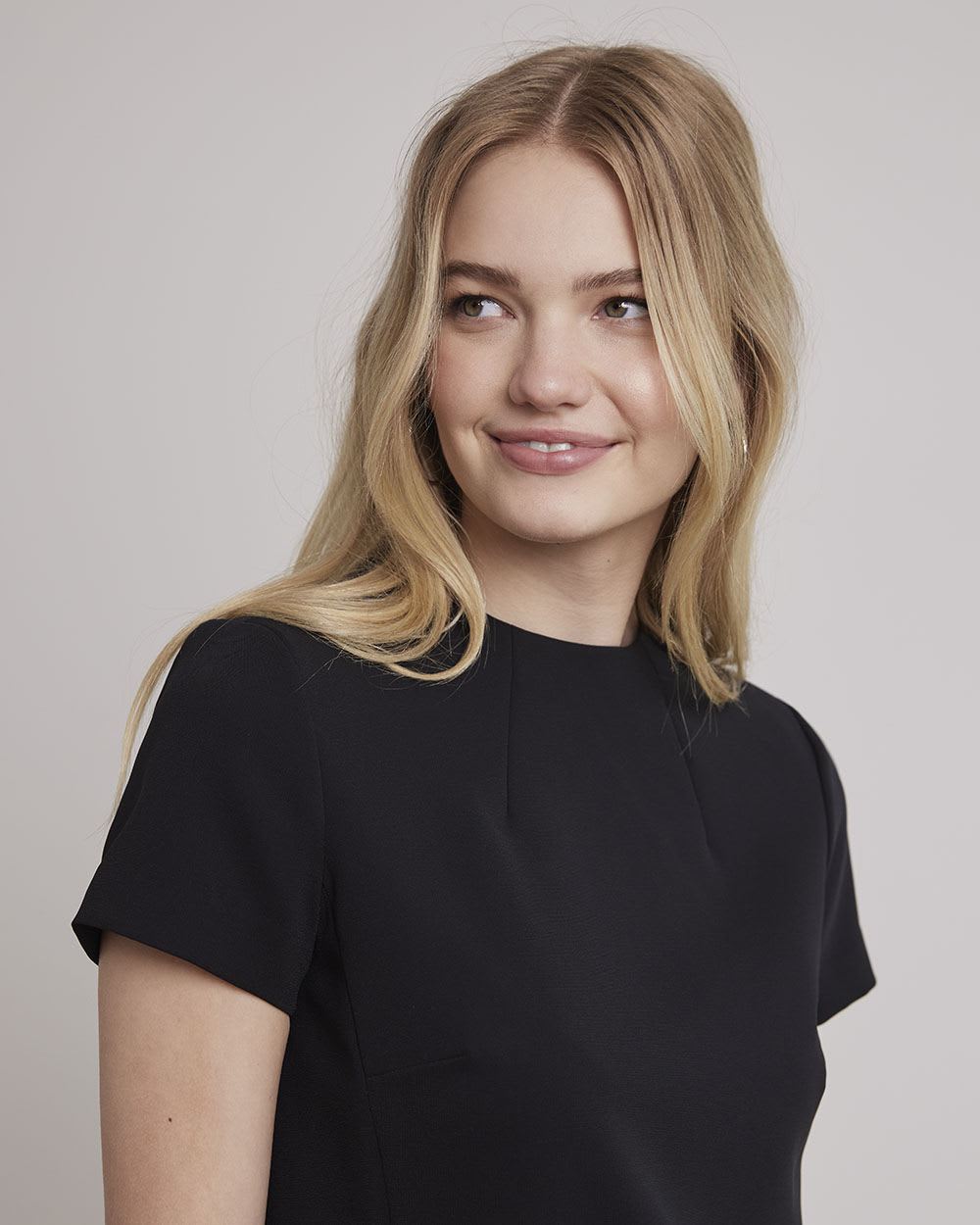 Short-Sleeve Straight Dress with Mock Neckline