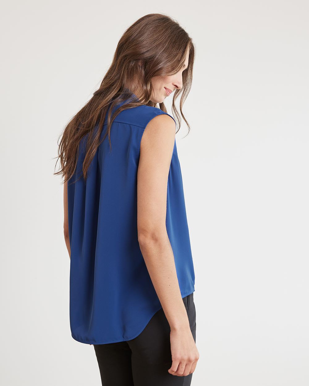 Sleeveless Popover Wrap Twill Blouse
