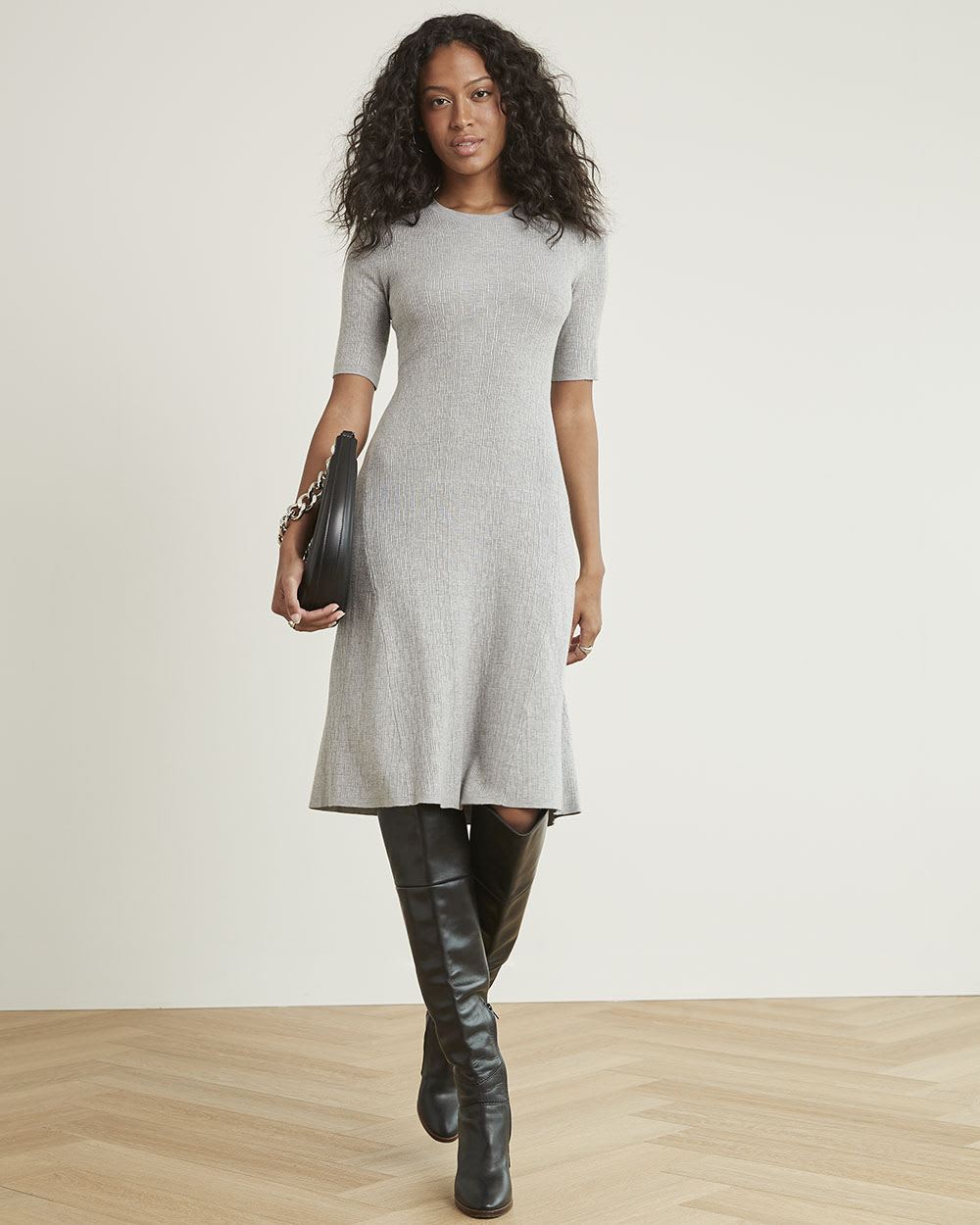 Fit and Flare Elbow-Sleeve Midi Dress