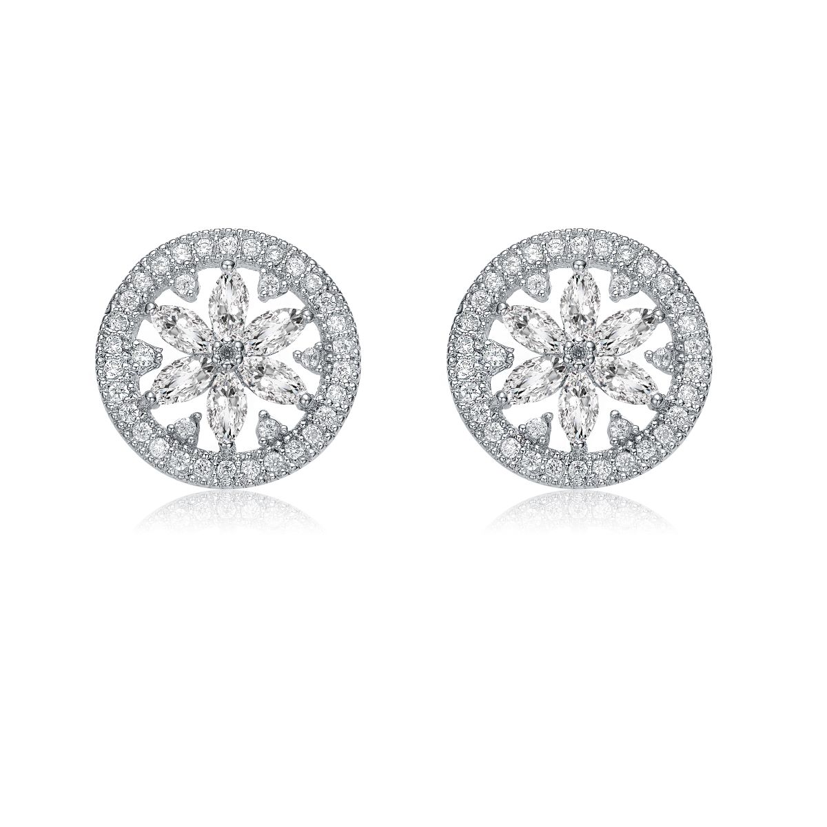 Genevive Sterling Silver with white gold Plated Clear Marquise with Round Cubic Zirconia Halo Wreath Earrings