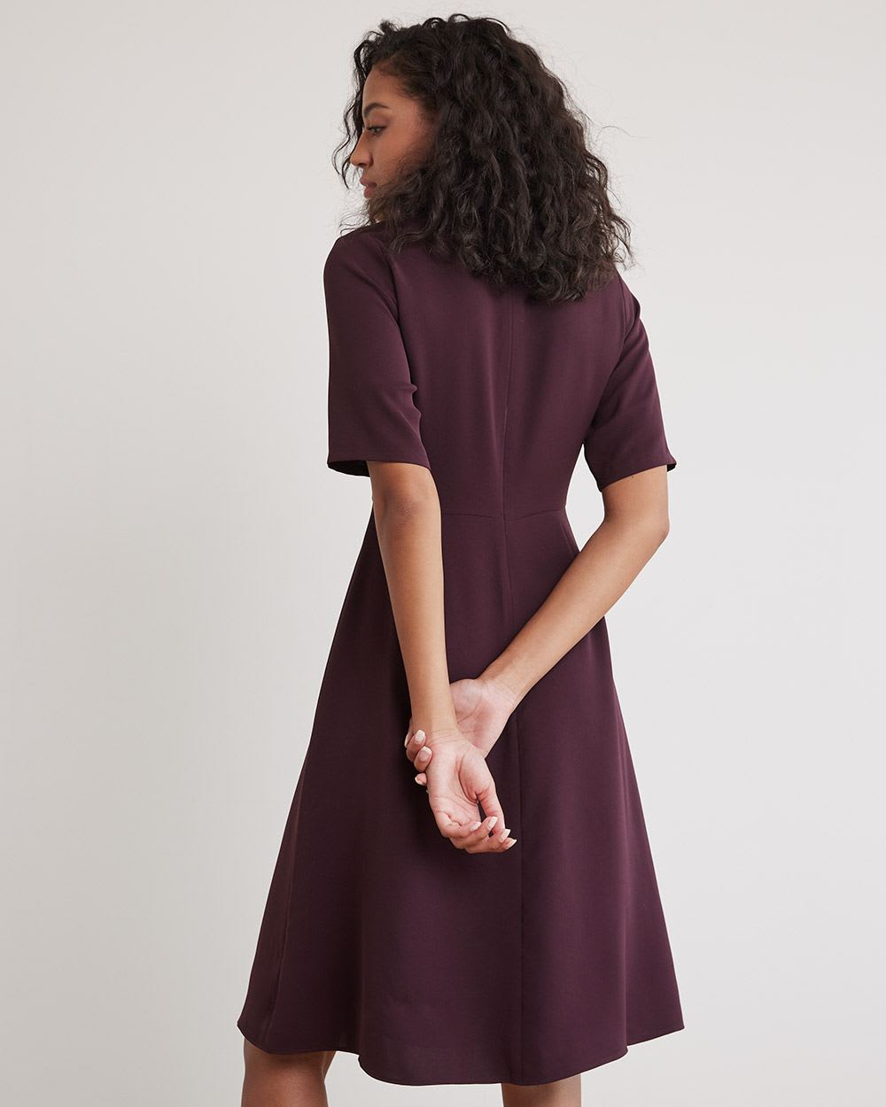 Short-Sleeve Fit and Flare Dress with V Neckline