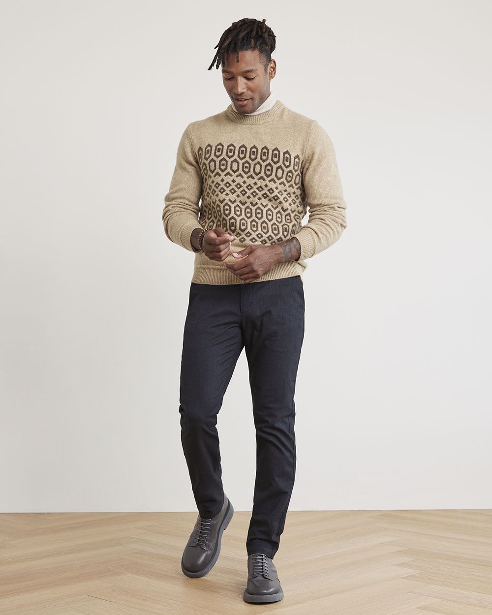 Long-Sleeve Crew-Neck Sweater with Geometric Fair-Isle Pattern