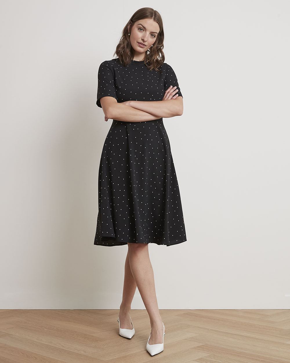 Short-Sleeve Mock-Neck Dress with Pleated Skirt