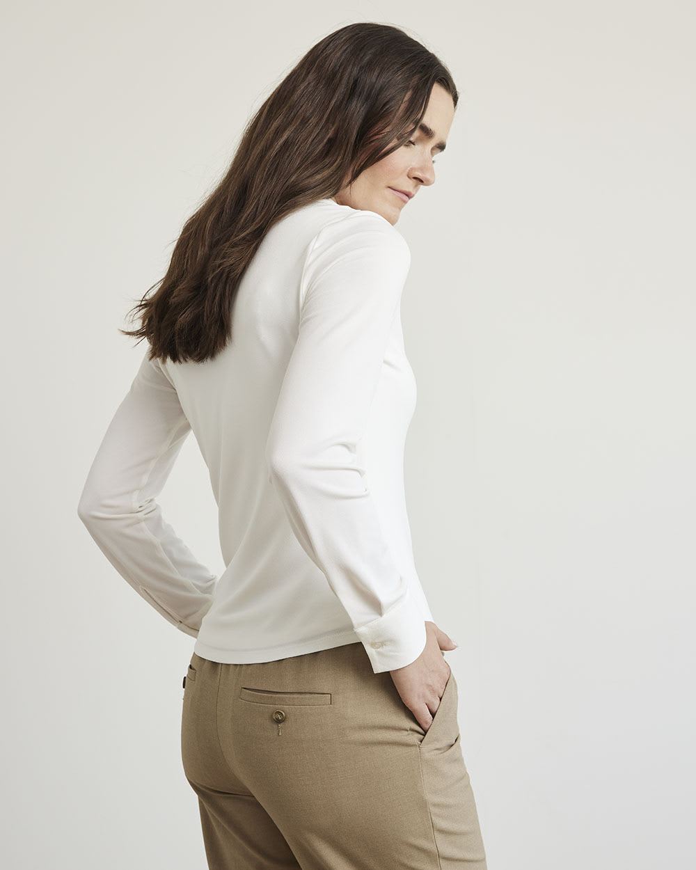 White Long-Sleeve Buttoned-Down Knit Shirt