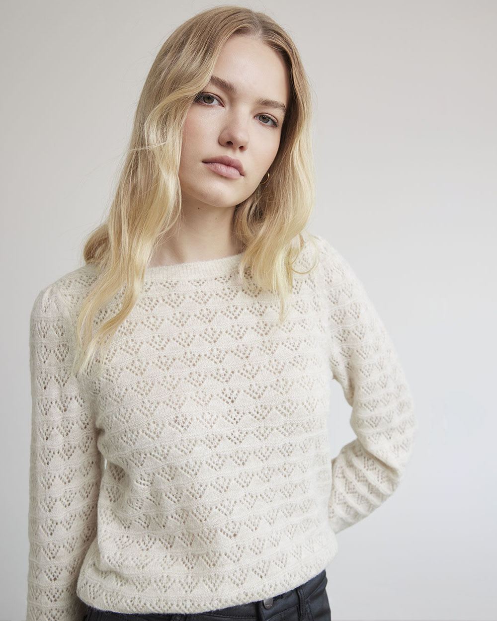 Long-Sleeve Boat-Neck Sweater with Pointelle Stitches