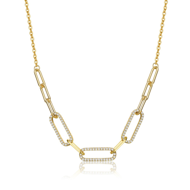 Sterling Silver 14k Yellow Gold Plated with Cubic Zirconia Elongated Cable Link Chain Necklace