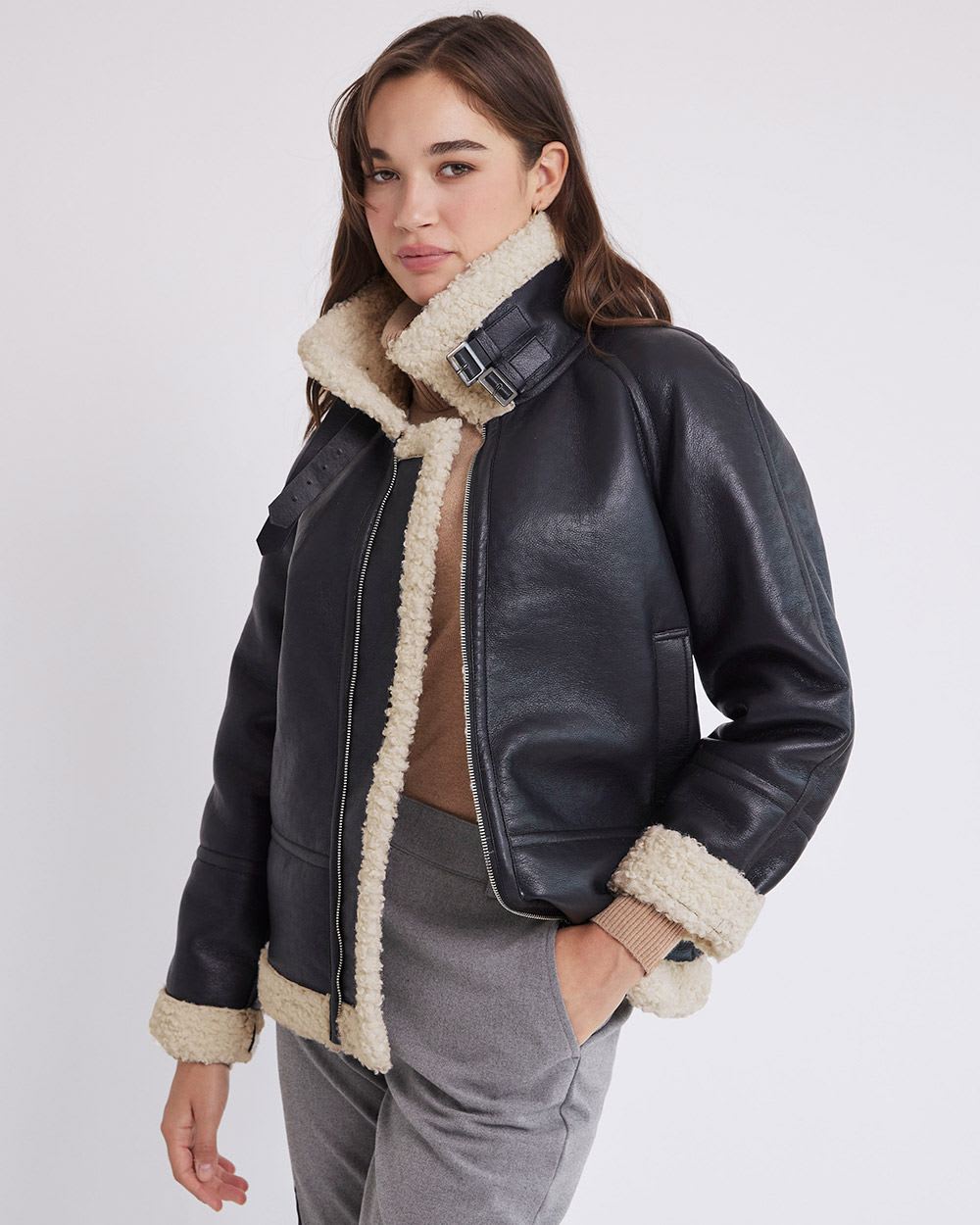 Faux Leather Jacket with Sherpa Details