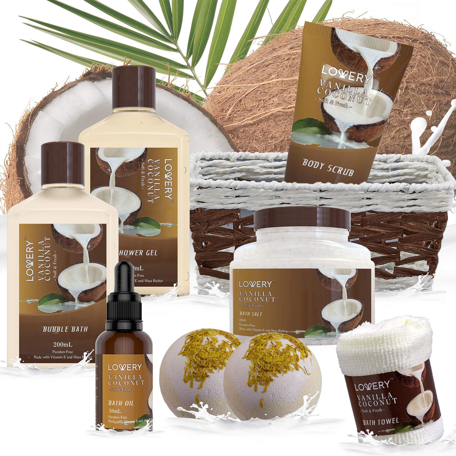 Lovery Bath And Body Gift Basket -vanilla Coconut Home Spa - 9pc Set