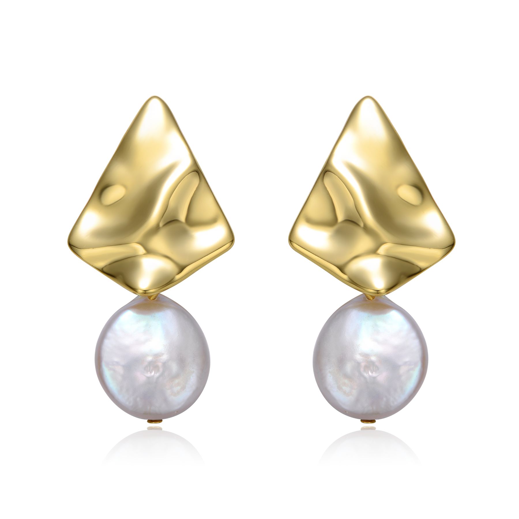 Sterling Silver 14k Yellow Gold Plated with White Coin Pearl Drop Geometric Rippled 3D Double Dangle Earrings